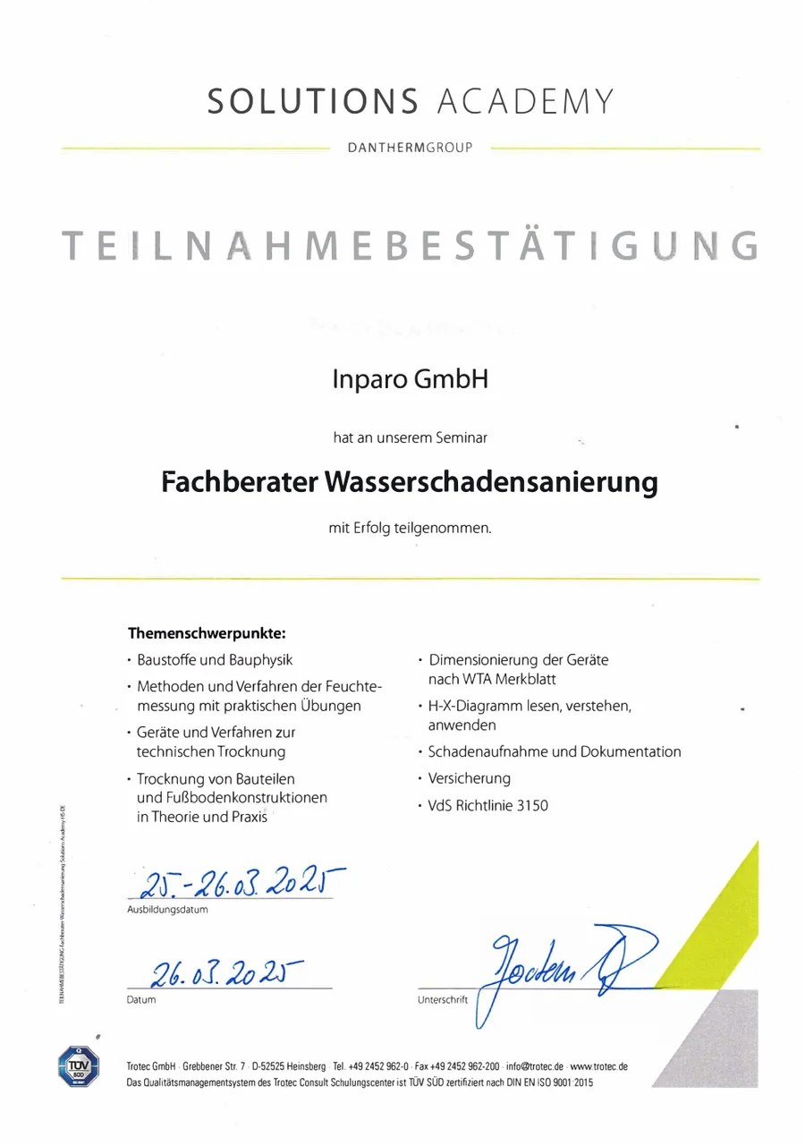 Fachberater Wasserschadensanierung